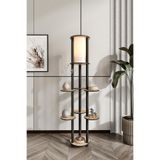 VOLANTE Raflı Lambader Meşe – 140 cm Modern Zemin Lambası, 2 Raflı Dekoratif Ayaklı Lamba, E27 Uyumlu LED Lambader, Aletsiz Kurulum, MDF Gövde