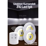 VOLEMİ Uzaktan Kumandalı 3'lü Spot LED Lamba Kablosuz-Pilli Işık-Mutfak-Raf-Dolap Altı Aydınlatması