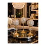 voliX Dizayn Lüks 3’lü Dekoratif Küre Obje Seti Gold Metal Ayaklı Cam Salon Konsol TV Ünitesi Sehpa Masa Dekoru Premium Tasarım