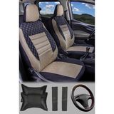 Volkswagen Jetta, Bora, Polo, Golf 1-2-3-4-5 Uyumlu – Gofraj Desenli Spor Oto Koltuk Kılıfı Seti (Konfor Set Dahil) - Krem