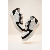 Voo Shoes Hakiki Dana Derisi +7 cm Boy Uzatan Sneaker – Beyaz Siyah Süet Detaylı Erkek Spor Ayakkabı - Beyaz - Siyah