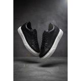 Voo Shoes Hakiki Dana Derisi +7 cm Boy Uzatan Sneaker – Siyah Hasır Desenli Erkek Spor Ayakkabı