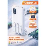 VOOKA 10.000mAh Dahili Kablolu Powerbank LCD Ekranlı 3’ü 1 Arada Lightning USB-C Micro
