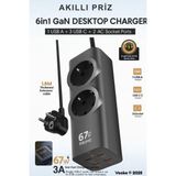 vooka 6in1 67W Gan Akıllı Priz | 3A Hızlı Şarjlı Masaüstü Çoklu Şarj Istasyonu 3 Type-C + 1 USB + 2 Acpriz - 1 Adet - Siyah
