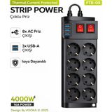 vooka Akıllı Priz Termal Akım Korumalı 8 Prizli Çoklu Akım Prizi | 3 USB 4000W 16A Pd - Siyah