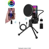 vooka Rgb Işıklı Kablosuz Condenser Mikrofon – Tripod Standlı, USB & Type-C Dongle, 2.4g Wireless, Online - Siyah