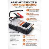 vooka Taşınabilir Araç Akü Takviye Cihazı & Hava Kompresörü 10000 Mah 150 Psı Lastik Şişirme Powerbank LED Fenerli Acil Durumlar Için