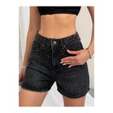 Vooz Kadın Kristal Taş İşlemeli Siyah Jean Şort Yüksek Bel Denim Mini Şort Taşlı Kot Şort