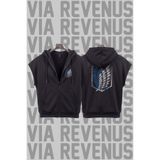 Vordevia Attack On Titan Baskılı Kolsuz Fermuarlı Kapüşonlu Sweatshirt Geniş Kalıp 3 İplik Şardonlu Spor Yelek