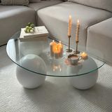 Vornom Fasulye Tasarım Cam Orta Sehpa - Oturma Odası Ofis Dekorasyonu - 115 x 60 x 30 - Beyaz