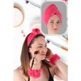 vosvera Soft Saç Bandı Bileklik Makyaj Uygulama Seti ve Mikrofiber Saç Kurulama Havlusu Fuşya