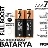 Vothoon Type-C Şarjlı 800MWH 1.5V Şarj Edilebilir 2'li AAA İnce Pil - Lityum Iyon Batarya