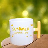 Vova Baskı Summer Time Yazılı ve Kelebek Çiçek Baskılı Porselen Sarı T Kulplu Kupalar Bardak - Beyaz - 240 ml