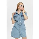 Vovikon KN Ön Arka Pensli Kısa Kollu Denim Kadın Kot Elbise