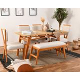 VowTurkey Palace Iskandinav 4 Sandalye 1 Bench 1 Masa Meşe iskelet Salon&Mutfak Masa Sandalye Takımı-El İşçiliği - 80*160 - Krem