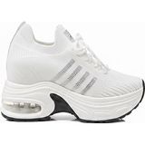 Voyager Taşlı Bağcıklı Triko Kalın Dolgu Taban Kadın Sneaker Ayakkabı B279 - Beyaz