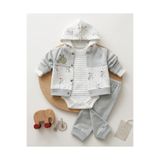 voyyo kids baby Erkek Bebek 3'lü Mevsimlik Kapüşonlu Fil Detaylı Şirin 3 Parça 0-3-6-9 Ay Zıbın Bebek Takımı