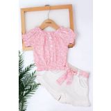 voyyo kids baby Kız Çocuk Fitilli Müslin Şortlu Çiçek Baskılı Yazlık Alt Üst Kız Çocuk Takımı