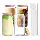 Vozoka Bambu Kapaklı ve Cam Pipetli Bira Kutusu Bardağı, 4 Paket 473 ml Kapaklı ve Pipetli İçecek Bardağı, Kutu Şekilli Cam Kupalar, Buzlu Kahve Fincanı, Bira Bardakları, Su, Soda, Çay, Hediye için İdeal