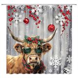 VPUPCN Highland Cow Noel Duş Perdesi Sevimli Çiftlik Evi Hayvan Kar Tanesi Noel Topu Rustik Ahşap Tahta Kış Tatili Polyester Perdeler Kancalı Banyo Dekoru 177,8 cm G x 170 cm Y