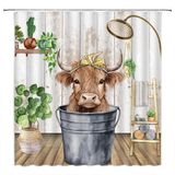VPUPCN Komik Yayla İnek Duş Perdesi Sevimli Moda Buzağı Yeşili Çiçekli Bitki Rustik Çiftlik Hayvan Çiftlik Evi Ülke Polyester Perdeler Kancalı Banyo Dekoru 175 x 180 cm