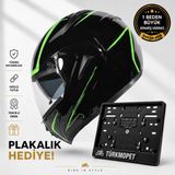 Vrt Çene Açılır Güneş Vizörlü Kask + Plakalık - Siyah - Yeşil - M