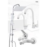VSA Beyaz Robot Yağmurlama Duş Seti Banyo Mutfak Lavabo Bataryası Pirinç Musluk Seti