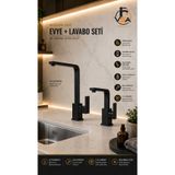 VSA SiyahMars 360 DÖNERLİ Mat Siyah Mutfak Evye ve Banyo Lavabo Bataryası Seti Pirinç Gövde Modern Kare Tasarım Sıcak Soğuk Çift Girişli 360 DÖNERLİ