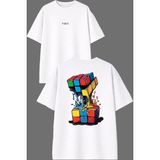 Vsrn Eriyen Rubik Küp Tasarım Ön Arka Baskılı Beyaz Oversize T Shirt - XL