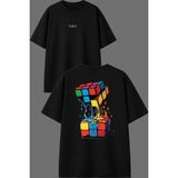 Vsrn Eriyen Rubik Küp Tasarım Ön Arka Baskılı Siyah Oversize T Shirt - XL