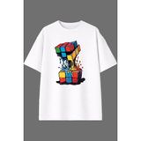 Vsrn Eriyen Rubik Küp Tasarım Ön Baskılı Beyaz Oversize T Shirt