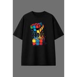 Vsrn Eriyen Rubik Küp Tasarım Ön Baskılı Siyah Oversize T Shirt - XL