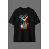 Vsrn Eriyen Rubik Küp Tasarım Ön Baskılı Siyah Oversize T Shirt