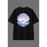 Vsrn Inci Kabuğu Tasarım Arka Baskılı Siyah Oversize T Shirt