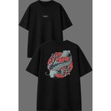 Vsrn Japon Balık Tasarım Ön Arka Baskılı Siyah Oversize T Shirt