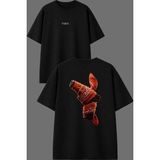 Vsrn Kırmızı Bandana Tasarım Ön Arka Baskılı Siyah Oversize T Shirt - XL
