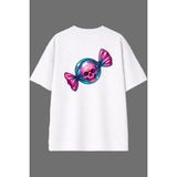 Vsrn Ölüm Şekeri Tasarım Arka Baskılı Beyaz Oversize T Shirt - XL