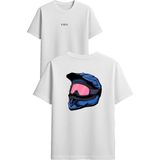 Vsrn Pembe Gözlüklü Kask Tasarım Baskılı Beyaz Oversize T-Shirt - XL