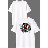 Vsrn Rubik Küp Tasarım Ön Arka Baskılı Beyaz Oversize T Shirt - XL