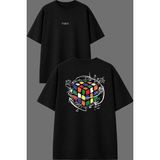 Vsrn Rubik Küp Tasarım Ön Arka Baskılı Siyah Oversize T Shirt - XL