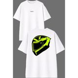 Vsrn Sarı Kask Tasarım Ön Arka Baskılı Beyaz Oversize T Shirt - XL