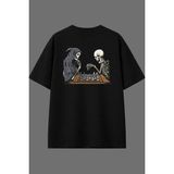 Vsrn Satranç Masası Tasarım Arka Baskılı Siyah Oversize T Shirt - XL