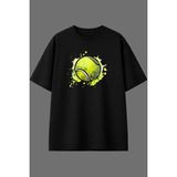 Vsrn Tenis Topu Tasarım Ön Baskılı Siyah Oversize T Shirt - XL