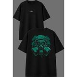 Vsrn Yeşil Gaz Maskesi Tasarım Ön Arka Baskılı Siyah Oversize T Shirt - XL