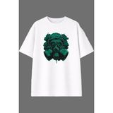 Vsrn Yeşil Gaz Maskesi Tasarım Ön Baskılı Beyaz Oversize T Shirt