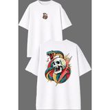Vsrn Yılan Iskelet Tasarım Ön Arka Baskılı Beyaz Oversize T Shirt - XL
