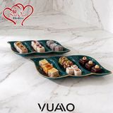 Vuao 2'li Gold Yaldızlı Yeşil Porselen Bölmeli Sunum Tabağı Seti 3 Bölmeli Çerezlik Kahvaltılık Sosluk Mezelik Şık Ikramlık Tabak Lüks Mutfak Masası Sunumluk Çeyizlik Hediye