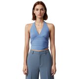 Vücuda Oturan Boyundan Bağlamalı Crop Bluz Polyester Elastan Sandy Dokuma Yüksek Kalite_Mavi-S