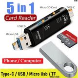 Vwin 5 In 1 Kart Okuyucu Type C / USB 2.0 / Mikro USB / Micro Sd (Tf) Otg Dönüştürücü - Siyah