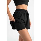 vynor atelier Kadın Siyah Yüksek Bel 2'si 1 Arada Spor Şort - İçten Kısa Taytlı Antrenman ve Koşu Şortu